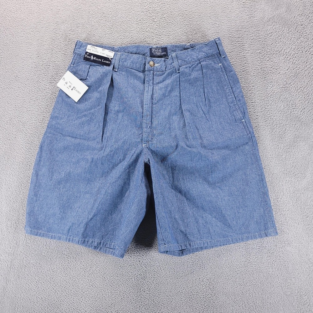 VTG Polo Ralph Lauren Shorts Mens 34 Blue Tyler Pleated Made in USA 9"